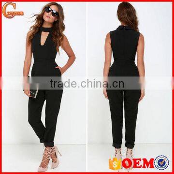 New style women sleeveless folded mock neck black jumpsuit 2015