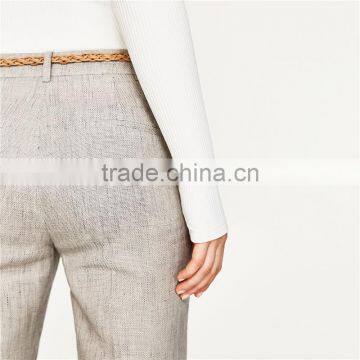 Elegant Fancy Roll-up Hem Linen Grey Dress Pants With Braided Belt photo-3