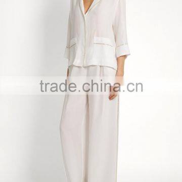 High Quality Shawl Collared White and Golden Color Contrasting Satin Sleepwear photo-4