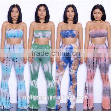 pink blue gradient bell bottomed pants and top set /22color xayn tie dye wide legging flare trousers and top two piece set