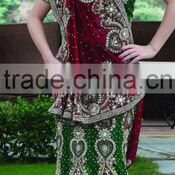 Stylish Elegant Bridal Lehenga Dress Beautiful Designer Mermaid Style Indian Wedding Gown Lehnga Green & Maroon Red Bridal Gown