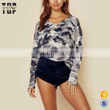 China product allover camo print womens crop gym tops and tees