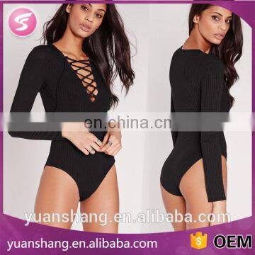 Black Long Sleeve Lace Up Front Women Tight Bodysuit