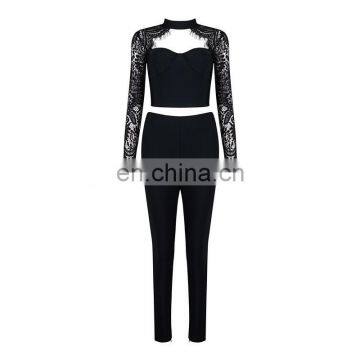 Fashion Women Clothing Sexy Two Piece Jumpsuit Ladies Lace Crop Top With Pants photo-4