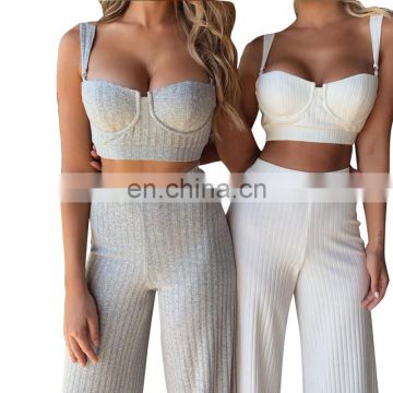 2020 Summer Sexy Slash Neck Bodycon Crop Top and Wide Leg Pants New Women Two Pieces Set Women Outfit Rompers