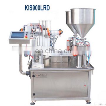 Double hopper rotary pasty/liquid filling and roil film sealing-cup machine with date coding  function