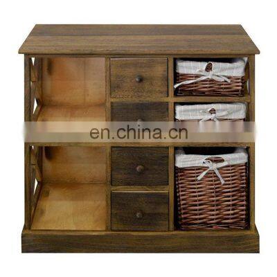 Sideboard Cupboard 4 Drawers 2 Shelves 3 Baskets Wicker Wood Fabric Brown Country Style Kitchen Bedroom photo-2