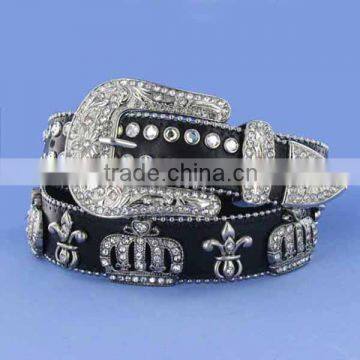 Fashion Rhinestone Crown Fleur De Lis Leather Belt