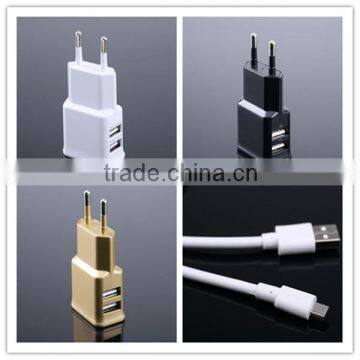 OEM black white gold logo printing with package and 1m micro cable us eu 2a dual usb mobile phone usb charger set