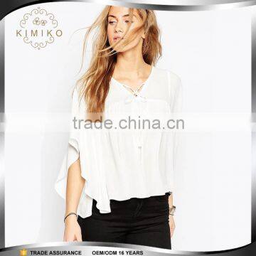 Fashion Design V Neck White Kimono Blouse for Women