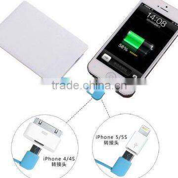Ultra slim credit card shape portable power bank charger with custom logo print, i phone connector and optional capacity