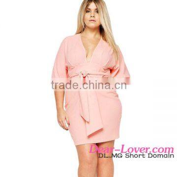 Pink Belted ladies sexy Kimono Dress plus size one piece dress latest