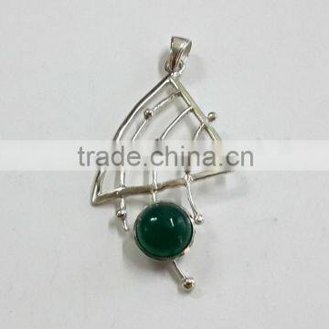 Designer Green Onyx Cabochon Round Pendant , Fashion Jewelry Pendant, 925 Sterling Silver Gemstone Pendant