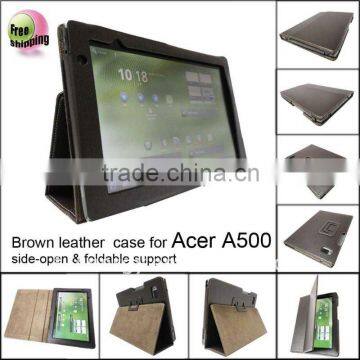 Brown leather case for Acer ICONIA TAB A500(foldable & side-open),MOQ:300pcs fatory wholesale directly