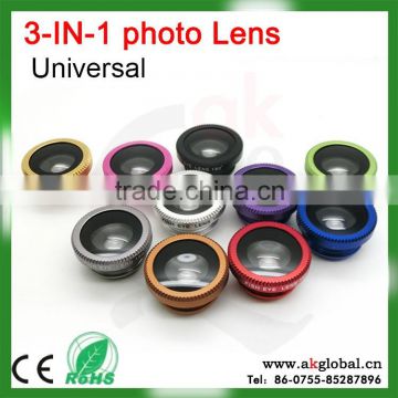 wholesale china factory 3 in 1 Wide angle+Fish eye+Macro clip-on lens for mobile phone camera lens