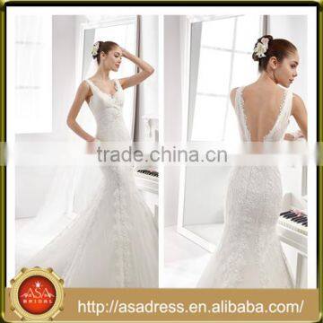 A45 Charming Unique V Neck Sleeveless Wedding Bridal Gown Beaded Sexy Mermaid Crepe Floor Length Backless Wedding Dress