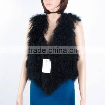 Ladies` short Mongolian fur gilet black color,KZ150045