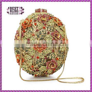 round shape rose flower pattern rhinstone clutch bag evening clutch purses bags handbags(88168A-GO)