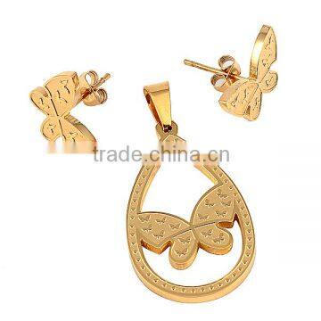 SRS0072 Fashion Jewelry 2015 Gold PVD Coating Tear Drop Pendant and Earring Butterfly Jewelry Set