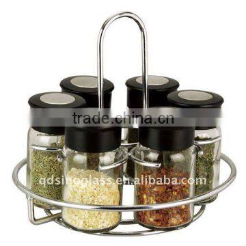 SINOGLASS 6 pcs round shape galss spice rack set with Chromed Rack