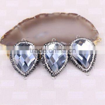 Grey Color Faceted Crystal Glass Connector Beads, Water Drop shape with Crystal Paved Glass Charms For Jewelry Making