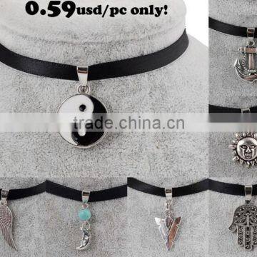 New Fashion polyester Suede Choker Necklace With Vintage Pendant