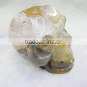 3" 0.31KG Hand Carved Yellow Agate Geode Crystal Skulls for Hand Playing photo-3