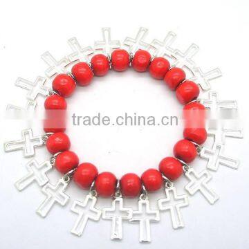 Handmade bracelet chain with red wooden beads and hollow-out cross