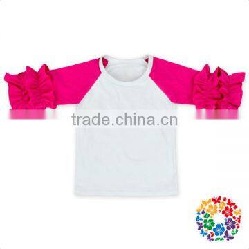Pink White Knit Cotton 3/4 Sleeves Ruffle Raglan Shirts photo-4