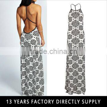 Sexy ladies one piece open back dress2016 fashion printed chiffon maxi dress for women