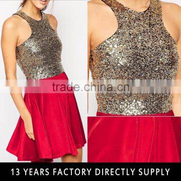 2015 Sequin with Velvet Skirt Open Back Sexy Elegant Skater Dress