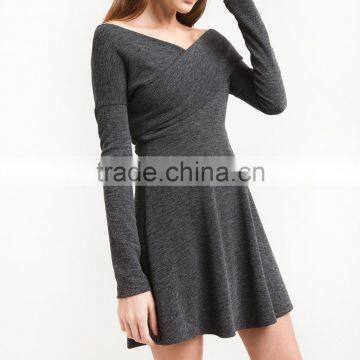 Grey Criss Cross Off The Shoulder Kint Fit And Flare Winter Women Dress Names Of Girls Dresses Wholesale Clothing Market HSD5691 photo-3