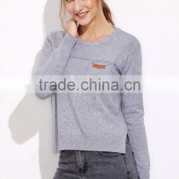 Custom Made Grey Split Side High Low Pocket Sweater Long Sleeve Round Neck Pullovers Casual Sports Sweater photo-5