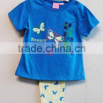 Fashion Kids Girls Summer 2 Pcs Set Butterfly Printed Blue Short Sleeve Top Clothing Sets TP-7727