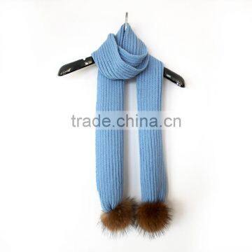 Myfur Women Baby Blue Striped Wool Scarf with Natural Raccoon Fur Balls