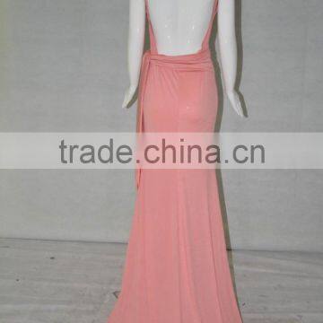 2016 Wholesale Latest Design V-neck Sleeveless Long Beaded Pink Chiffon Party Dress photo-3