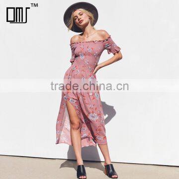 Lady's smocked dress with slit off the shoulder floral long maxi dresses