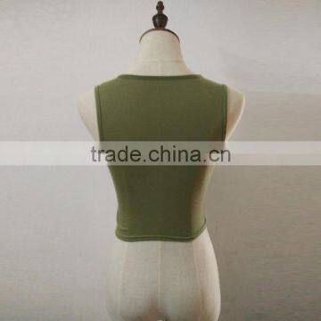 Cotton Crop Top Tank Top Hollow Plain Dyed Solid Army Green Sold By PC photo-3