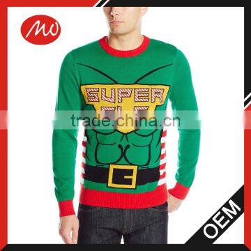 Man facny cartoon design green tight christmas sweater