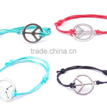 2PCs Silver Alloy Peace Symbol Faux Suede Leather Cord Charm Bracelets