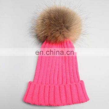 Hot sale winter fashion beanies girl raccoon fur bobble acrylic crochet hats