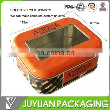 usb metal packaging hinged lip tin box with window