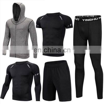 Gym Sports Quick Dry T-shirt Tights Five Pieces Suit Set Men's Running Fitness Clothes photo-5
