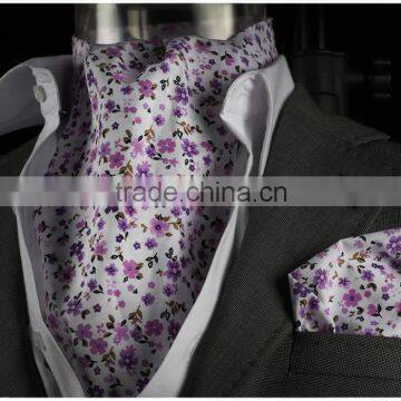 White Pink Flowered Cravat, Brown scarf, with Pocket Square