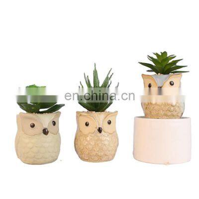 Home Decor Artificial Plant Faux Artificial Plastic Gree Mini Succulent Plants With Owl Animal Pot