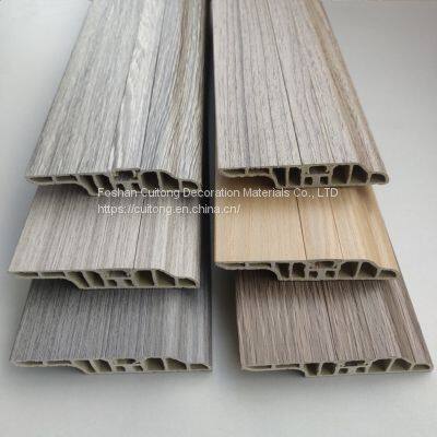 Foshan Wholesale Engineering waterproof corner line black walnut PVC baseboard with nail cover wood grain gray plastic footing line