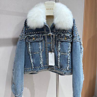 Short denim down jacket, women's detachable inner liner, parka jacket, oversized real fur collar, rivet jacket