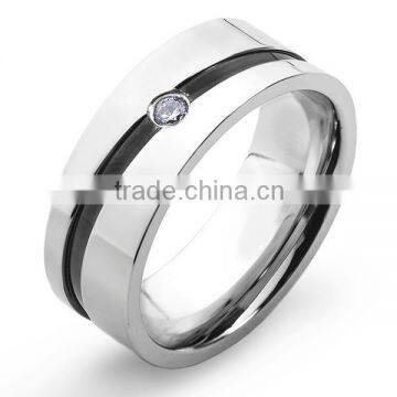 Stainless Steel Cubic Zirconia Men's Black Stripe Wedding Band