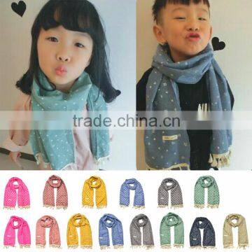 Hot Selling Star Printed Tassel Lace Brim Sewed Boys Girls Kids Linen Cotton Scarf