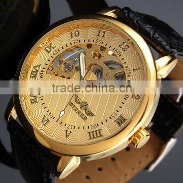 Men's Golden Color Skeleton Dial Watch WM208 Leather and mechanical movement